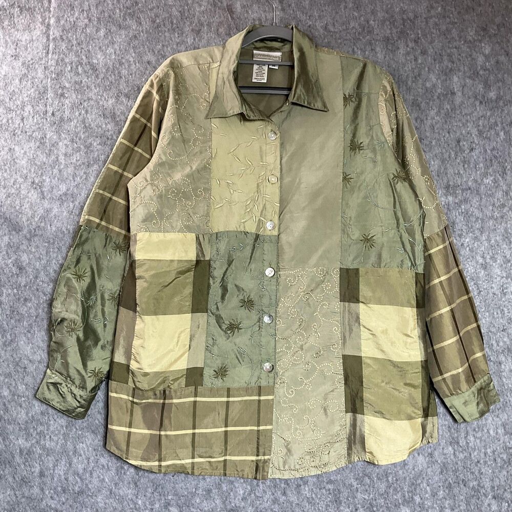 Coldwater Creek Shirt Womens Medium Green Silk Blend Patchwork Embroidered Top